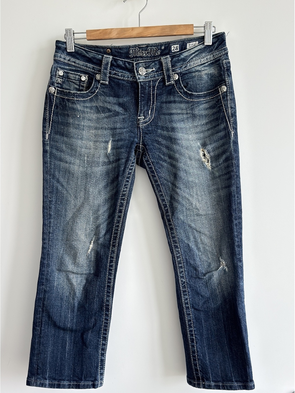Miss Me JP5424P Distressed Capri Jeans Cross Pocket Y2K Bling Dark Wash 28